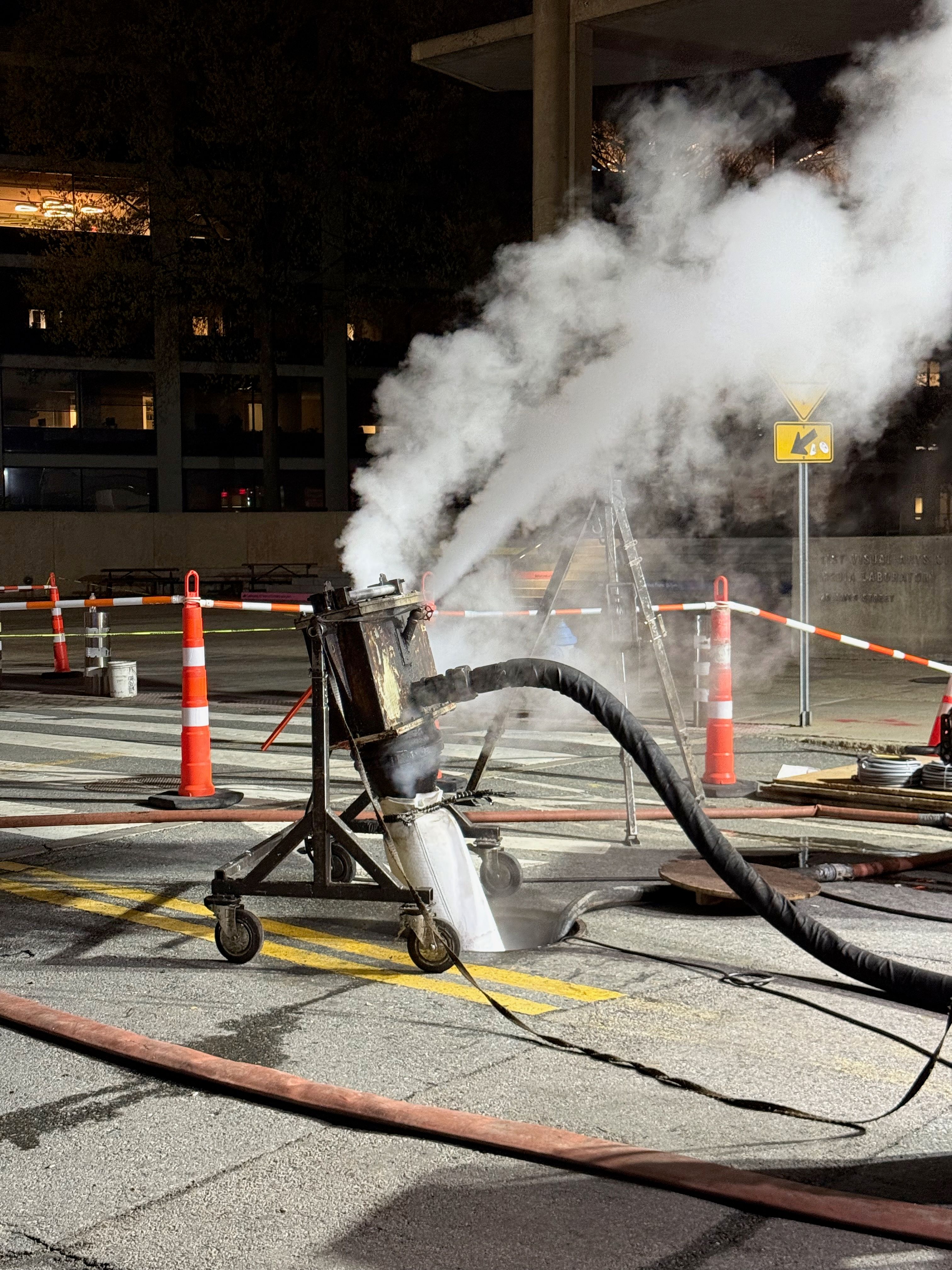 A cured-in-place pipe liner being inflated with steam during the CIPP relining process